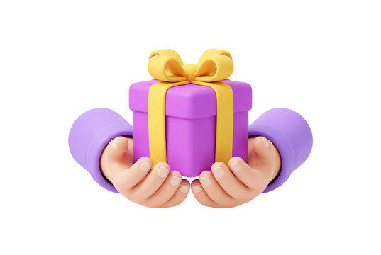 Cartoon hands holding a purple gift box on transparent background with rendered pair stylized