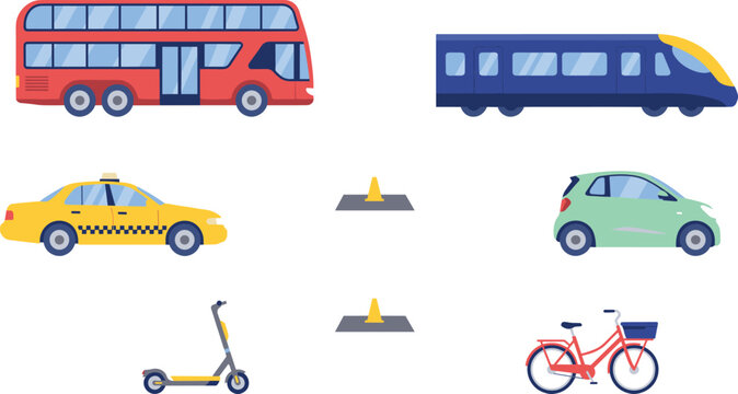 Urban Public Transport and City Mobility Vehicle Icon Set Featuring Double Decker Bus Subway Train Yellow Taxi Electric Scooter and Micro Car