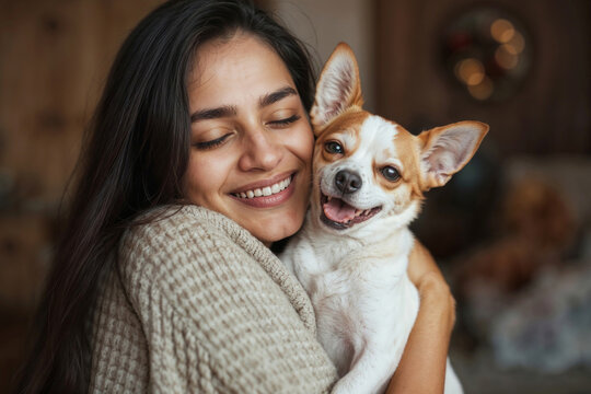 Happy woman embraces her small tan and white chihuahua dog