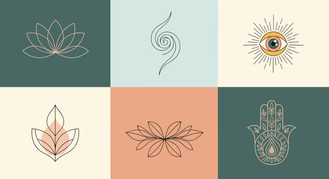 Collection of six elegant mystical symbols including a lotus flower, spiral, third eye, leaf, wheat, and hamsa hand on a muted color grid.