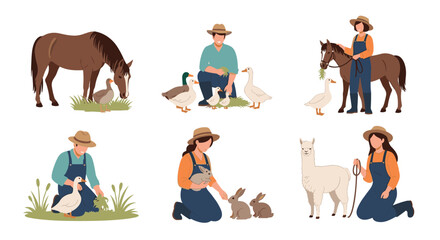 Fototapeta premium Collection of male and female farmers caring for domestic farm animals like horses, ducks, rabbits, and llamas.