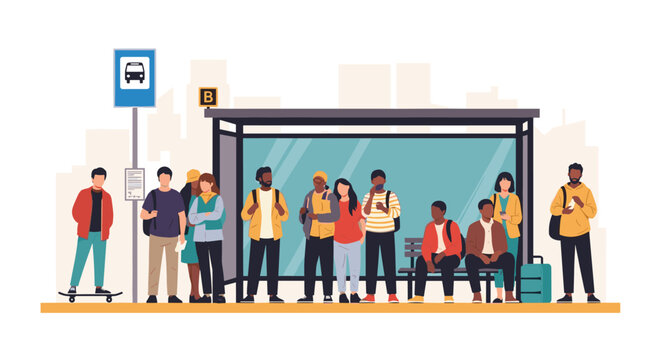 Large group of diverse people waiting together at a busy city bus stop against a subtle urban skyline background.