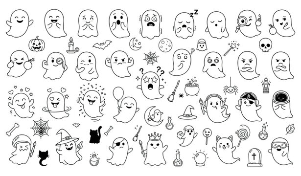 Adorable Ghost Emoji Style Icon Set &ndash; 28 Cute Halloween Spirit Faces Hand Drawn Monochrome Vector Collection