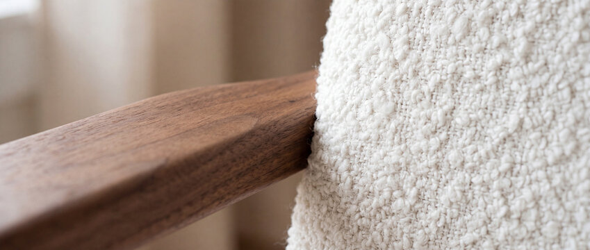 Cozy upholstered armchair close-up showing wood armrest and soft boucl&eacute; fabric texture in modern home interior