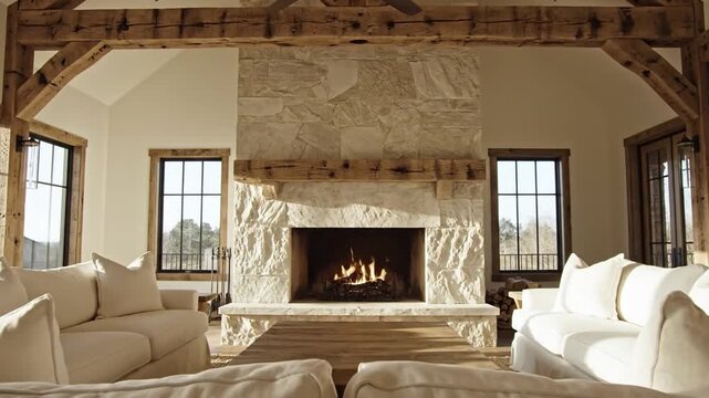 Cozy modern rustic living room interior featuring a stone fireplace and vaulted timber ceilings
