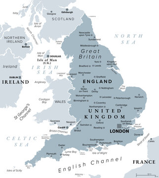 England, United Kingdom, gray political map with capital London. Country on the island of Great Britain bordering Scotland and Wales surrounded by English Channel, Celtic, Irish, and North Sea. Vector
