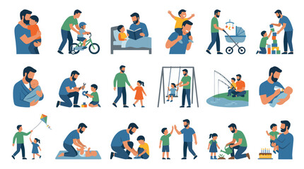 Fototapeta premium Father and Child Flat Illustration Set: Dads Engaging in Diverse Parenting, Family Lifestyle Activities