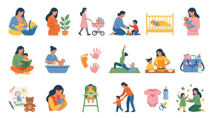 Fototapeta premium Motherhood and Childcare Flat Vector Illustration Set: Pregnancy, Baby Care, Parenting Activities Family Moments.
