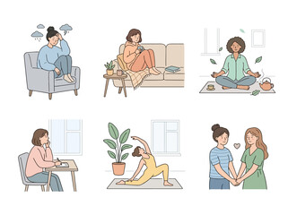 Fototapeta premium Collection of women practicing self-care and mental wellness