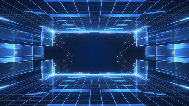 Futuristic blue digital grid tunnel with glowing light panels and abstract motion graphics for high tech broadcast and data visualization background