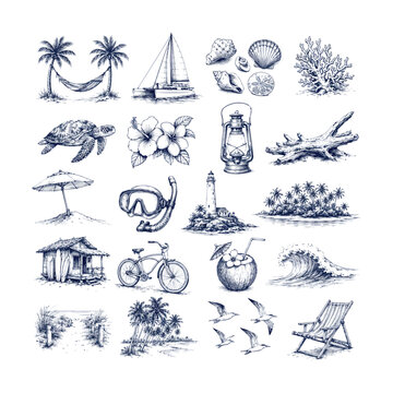 Beach and Nautical Hand-Drawn Elements Set
