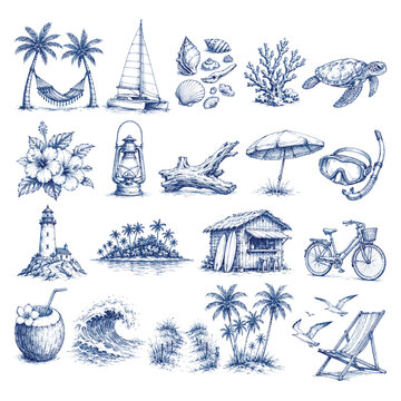 Beach and Tropical Vacation Hand-Drawn Elements Set