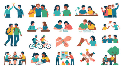 Fototapeta premium Flat Vector Illustrations of Diverse Youth: Friendship, Teamwork, Learning Social Connection Activities