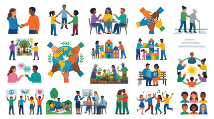 Fototapeta premium Diverse people collaborating and connecting, flat illustration, community concept