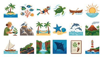 Naklejka premium Flat Design Ecology and Wildlife Icons Set: Marine Life, Tropical Islands, and Nature Symbols Collection.