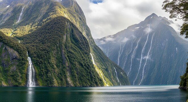 Majestic Milford Sound fjord landscape with dramatic cliffs and water reflections. Stunning New Zealand nature scenery for travel and adventure mar...