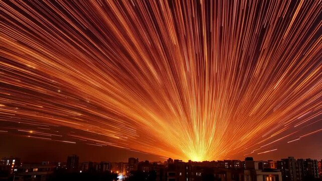 Epic futuristic city light trail background for dynamic tech news story. Abstract urban energy explosion concept brings fast hyper speed to scifi telecom promo video.