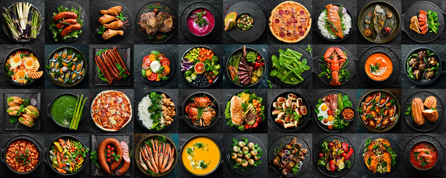 Photo collage of food on plates. Banner with a lot of images of dishes and snacks. On a black background. Top view. Wide horizontal image.
