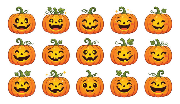Collection of cute cartoon jackolanterns with different expressions on a white background