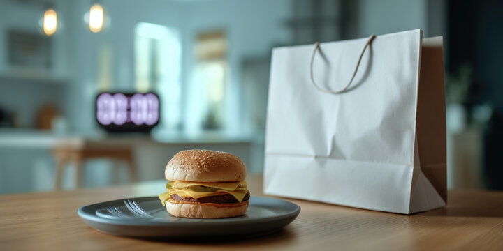 Cheeseburger sesame bun cheese beef plate paper bag kitchen fast food lunch meal on wooden table