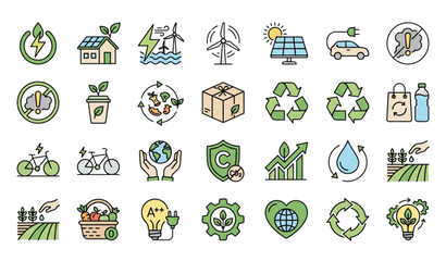 Fototapeta premium Sustainable Green Technology Outline Icon Collection with Renewable Energy Clean Transport and Biodegradable Concepts