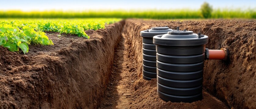 Installation of black polyethylene septic tanks in a dirt trench with green lids and an orange drainage pipe on a sunny day