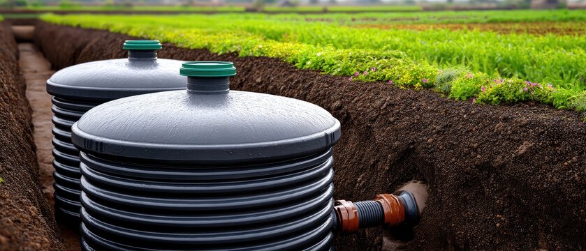 Installation of two septic tanks in a trench with drainage pipe during sunny day
