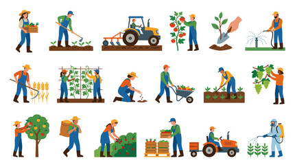 Naklejka premium Flat Illustration of Farmers Working in Fields with Tractors and Harvesting Crops
