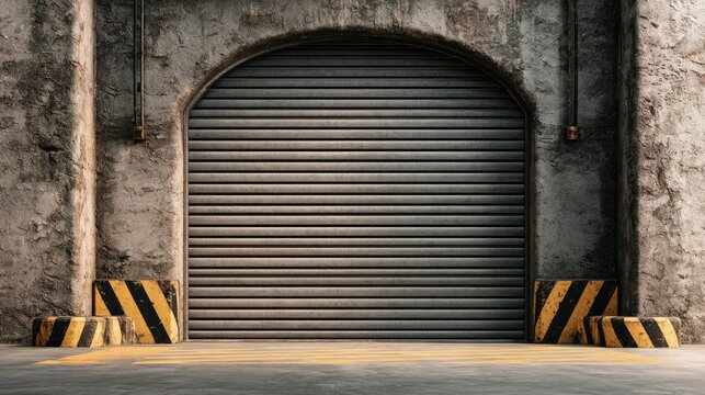 Industrial loading bay with gray metal roller shutter door and concrete walls showing wear and aging, illuminated by natural light during daytime