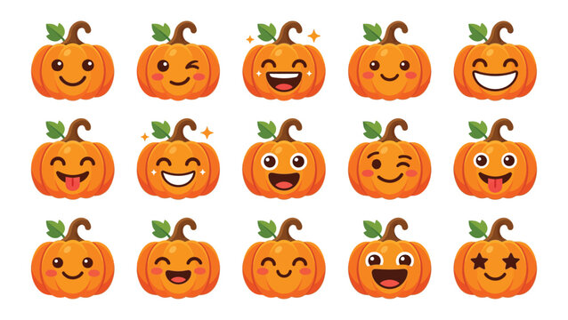 Collection of cute cartoon pumpkins with various happy faces in a colorful vector style