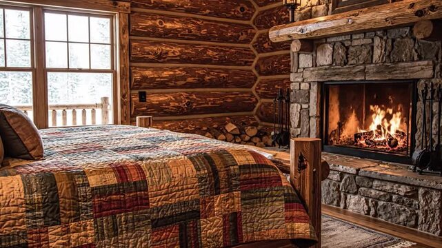 Cozy rustic log cabin bedroom with a warm fire burning in a stone fireplace during winter