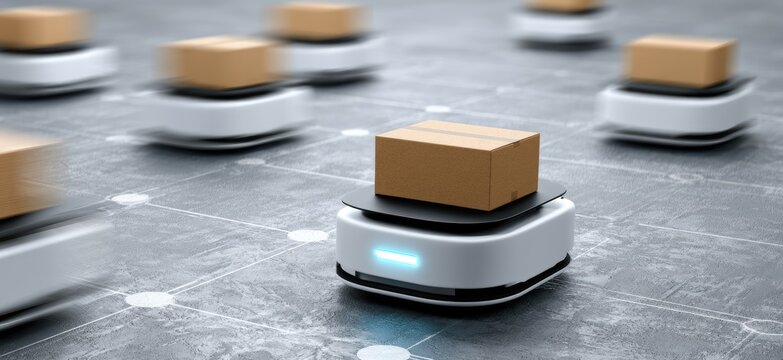 Autonomous robots transporting packages in a futuristic warehouse environment.