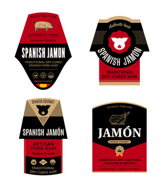 Red and Black Spanish Jamon Labels Vector Template Set