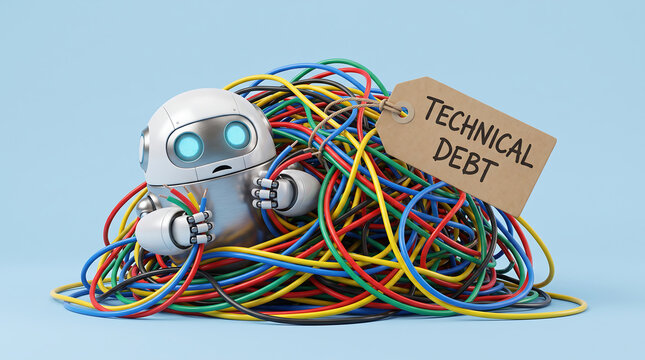 A white robot toy figure trapped in a large pile of colorful messy ethernet cables with a technical debt tag signifying programming struggles technical technology