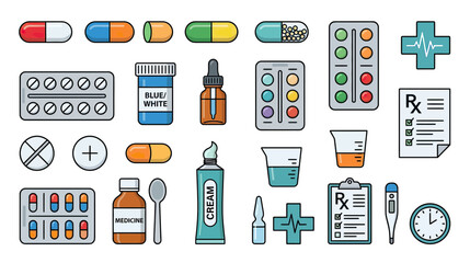 Fototapeta premium Medical Supplies and Pharmacy Icons: Pills, Capsules, Bottles, Droppers, Prescription