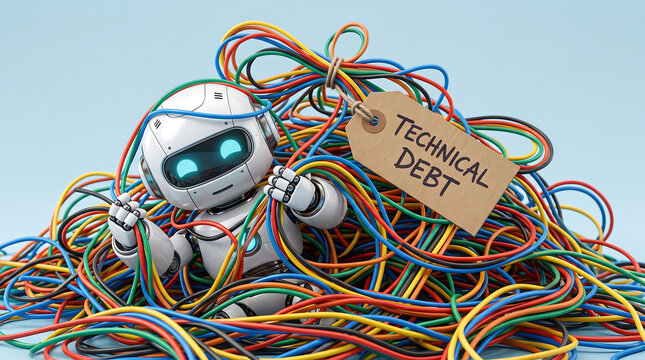 Small white robot trapped within massive tangle of colorful tangled electrical wires with hanging paper tag labeled technical debt on simple light blue studio background.