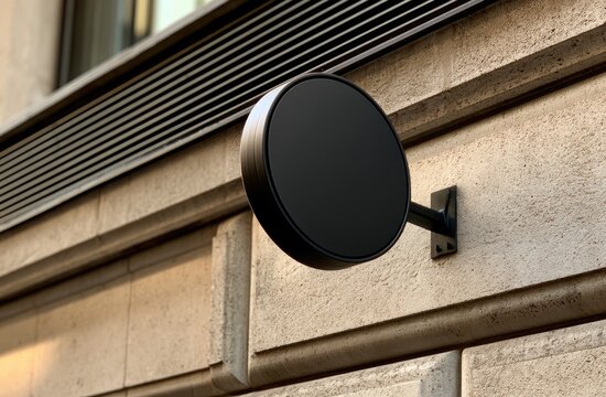 Modern Black Circular Signboard Mounted on a Textured Building Facade.