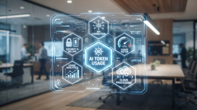 Innovative ai token usage system displaying api connection, security, usage meter, cloud processing, and usage analytics in modern office setting.
