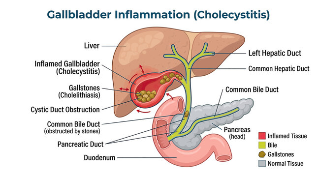 Gallbladder Inflammation (Cholecystitis) Anatomy Diagram with Gallstones and Liver