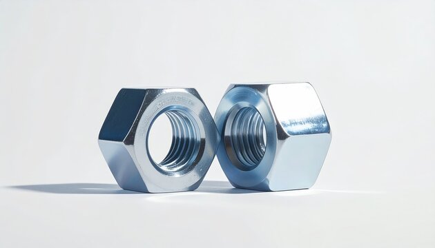 Two shiny hexagonal nuts stand on a white surface, casting soft shadows