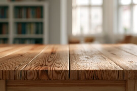 Empty Wooden Table Surface in a Bright Room with Bookshelves.