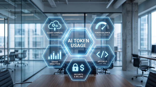 Modern corporate office background with floating digital dashboard showing ai token usage cloud compute load usage analytics api calls and security billing metrics.