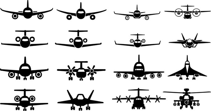 Different Types of Airplanes and Helicopters Shown in a Simple Layout With a Focus on Their Shapes and Designs in a Black and White Style