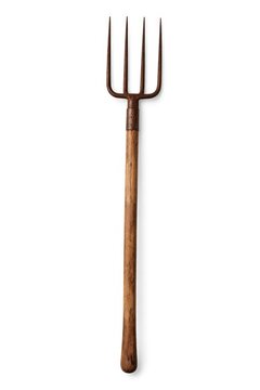 Rustic pitchfork with a wooden handle and metal tines on a white background.