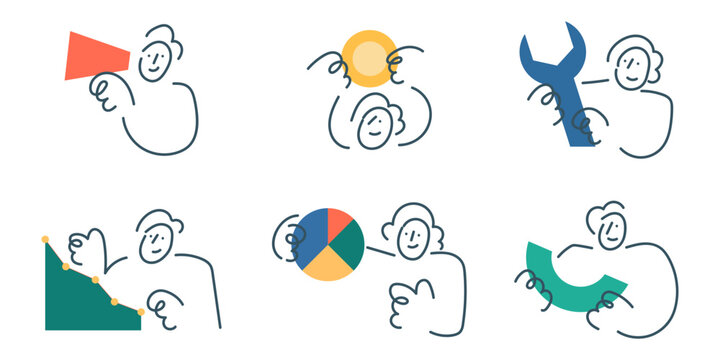 Business. Cartoon Doodle line character set with people holding megaphone, coin, wrench and pie chart, illustrating business and finance concepts.