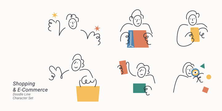 Shopping and E-commerce. Cartoon Doodle line character set with people holding clothes, phone, shopping basket and package, illustrating online shopping.