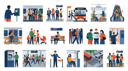 Fototapeta premium Urban Public Transport Flat Vector Illustration Set. People, Passengers, Commuters, Buses, Trains, Stations, Mobility