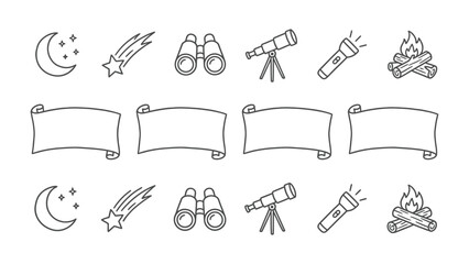 Night Sky Elements and Banners: A collection of charming hand-drawn icons featuring a crescent moon with stars, a shooting star, binoculars, a telescope, a flashlight, and a campfire. © Shafiq