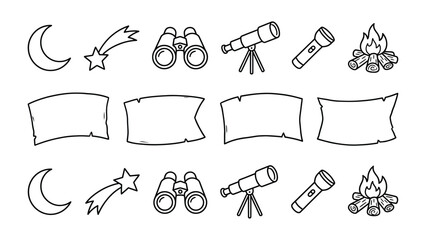 Camping Adventure Icons: A collection of hand-drawn line art icons depicting elements of a camping adventure, including a moon, shooting star, binoculars, telescope, flashlight, and campfire. © Shafiq