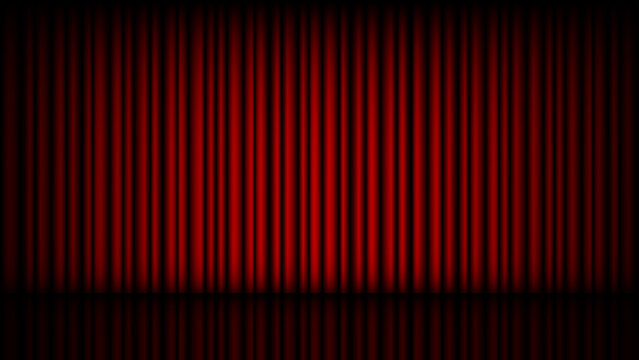 Dramatic red velvet curtains with glossy floor reflection stage backdrop and theater interior